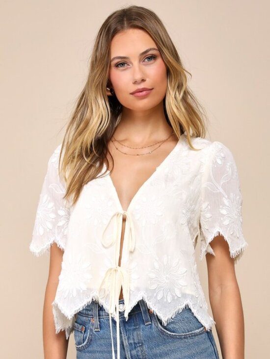 Lulus Tops - Lulus Vintage Aesthetic Ivory Embroidered Tie-front Fringe Hem Top White